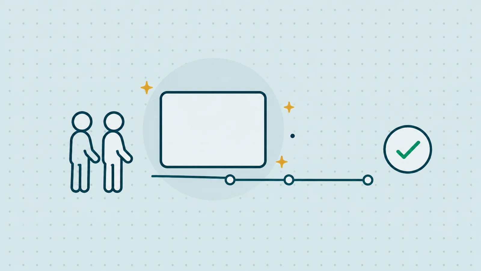 Two stick figures beside a wide screen, with a rail and three markers running to the right.