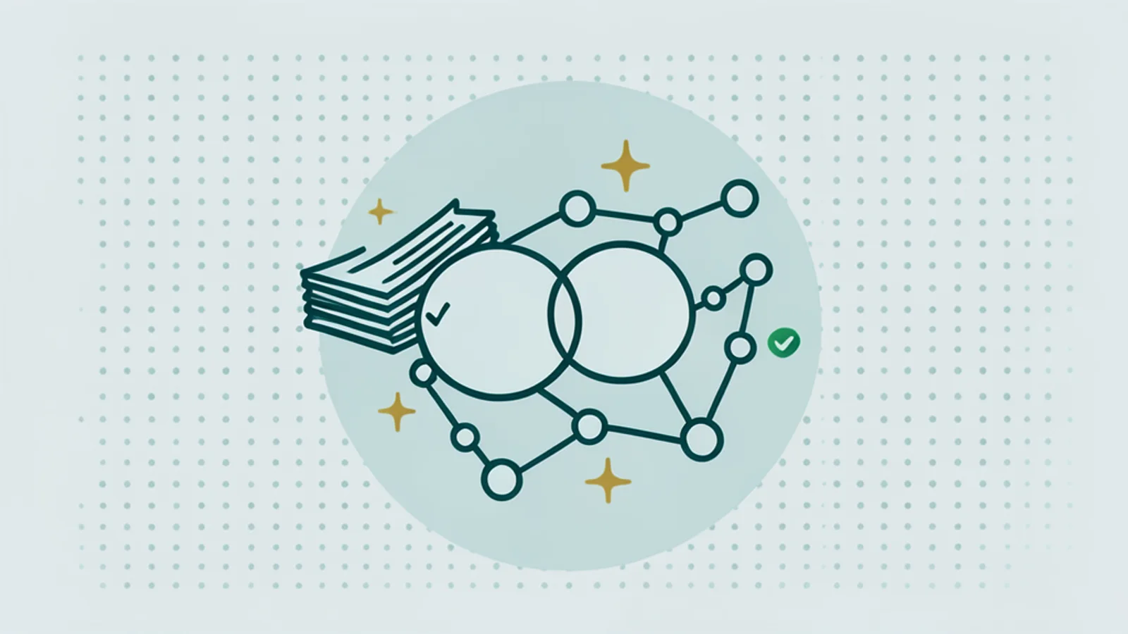 Nodes leave a stack of pages and form a network where two circles merge into one.