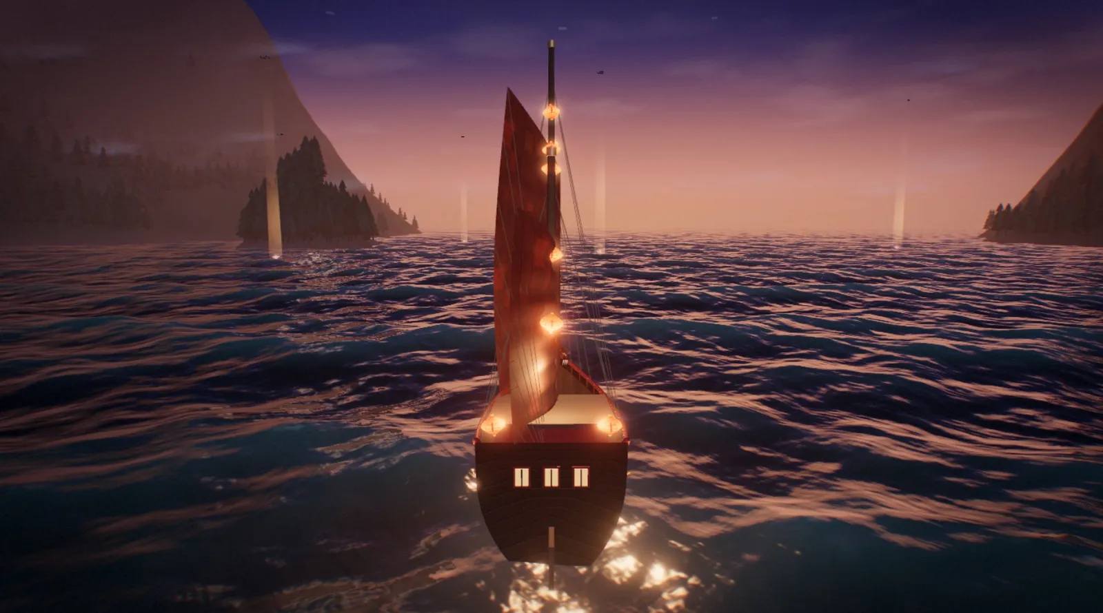 A dragon-prowed junk with glowing lanterns sailing across a choppy bay at dusk, forested hills on both sides.