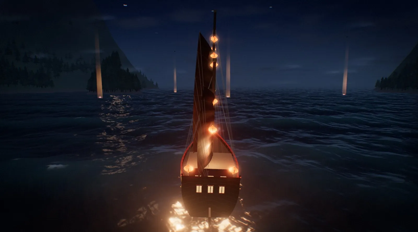 The junk at night on a dark sea, lanterns glowing on the mast and pillars of light rising from the water ahead.