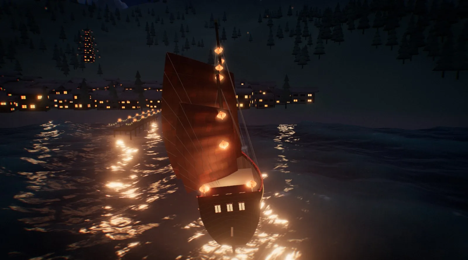 The same harbour town at night: lit windows and lanterns reflecting on dark water.