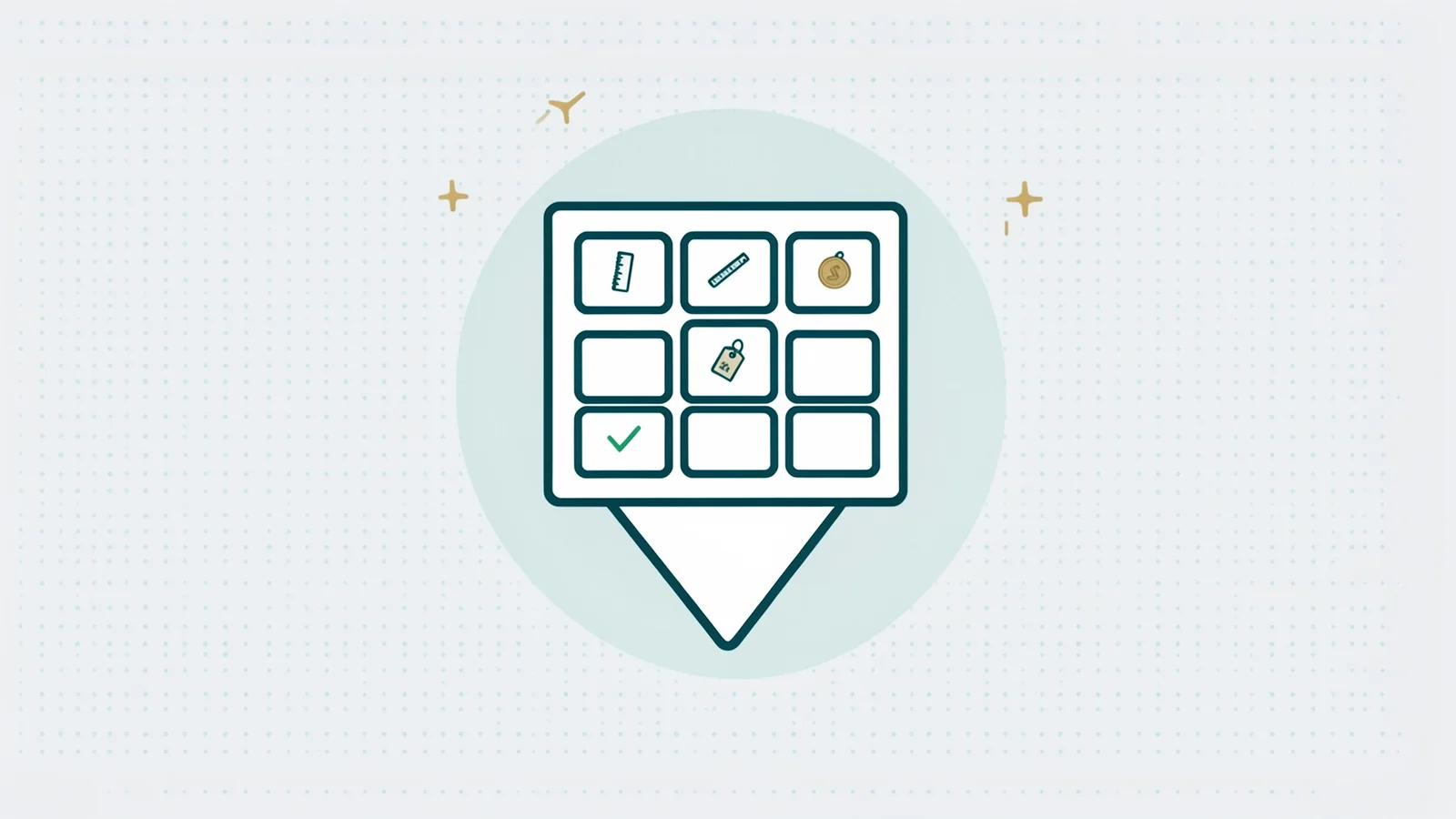 A frame of nine squares with tiny symbols, funnelling down to one card.