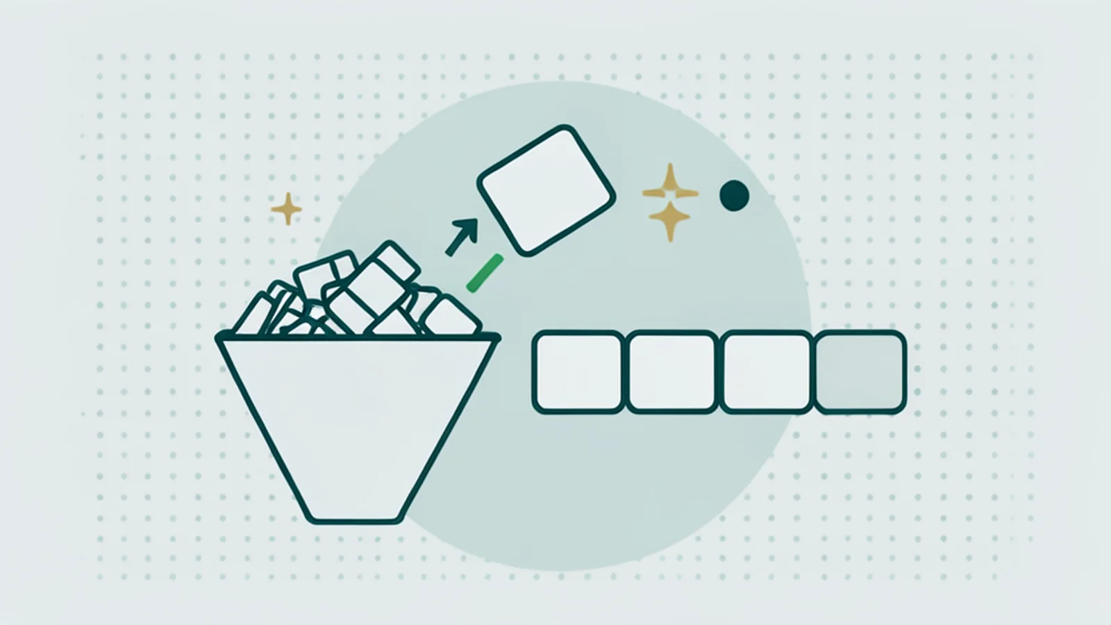 A funnel narrows many cards to five, and one card is lifted to the front.