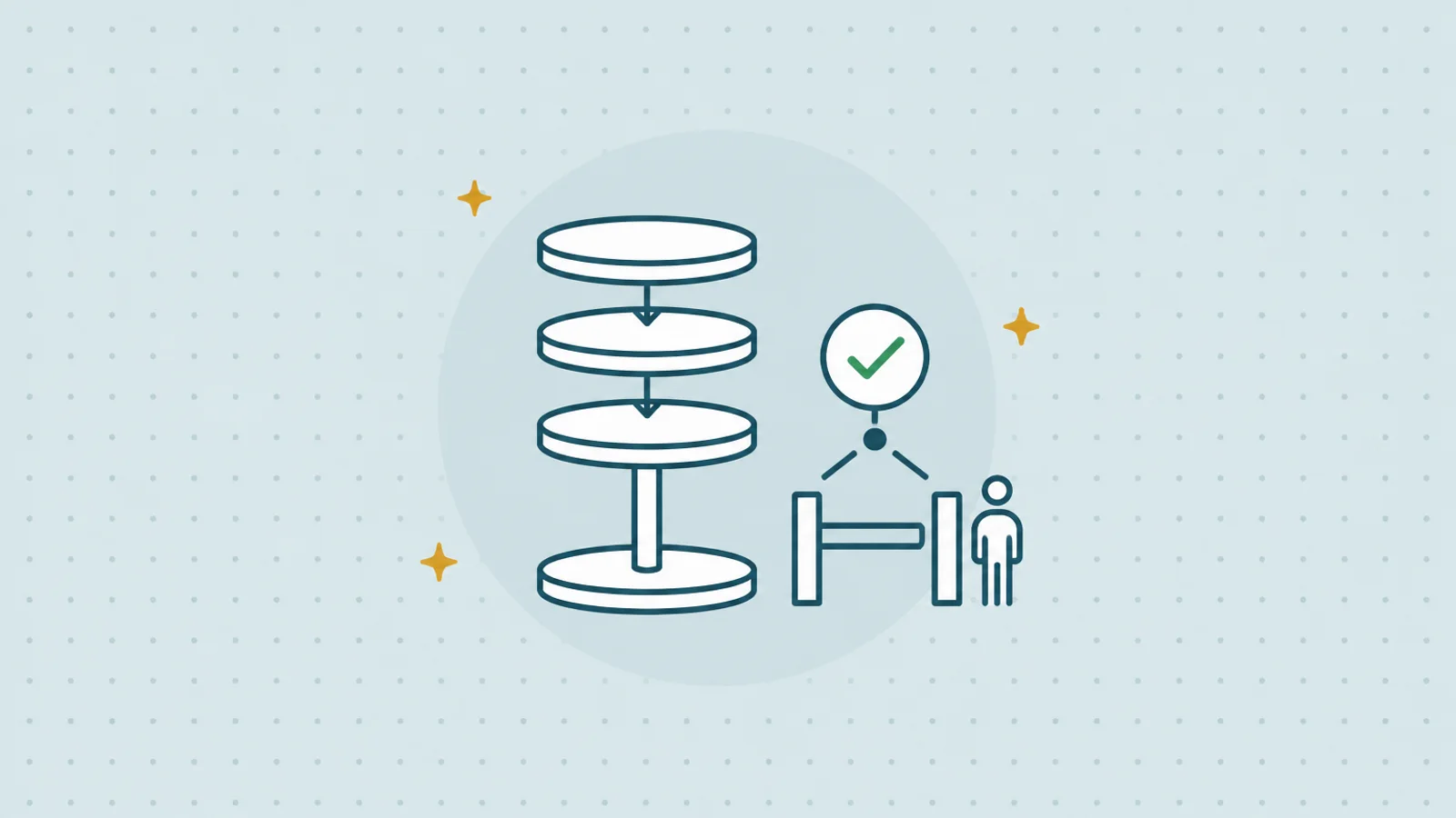 Four stacked plates in a column on a slim pillar, with a gate and one figure.